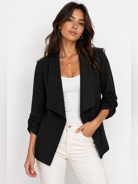 Ninexis Black Open Front Blazer Womens Large NWT Stretch Ruched Sleeve Jacket L